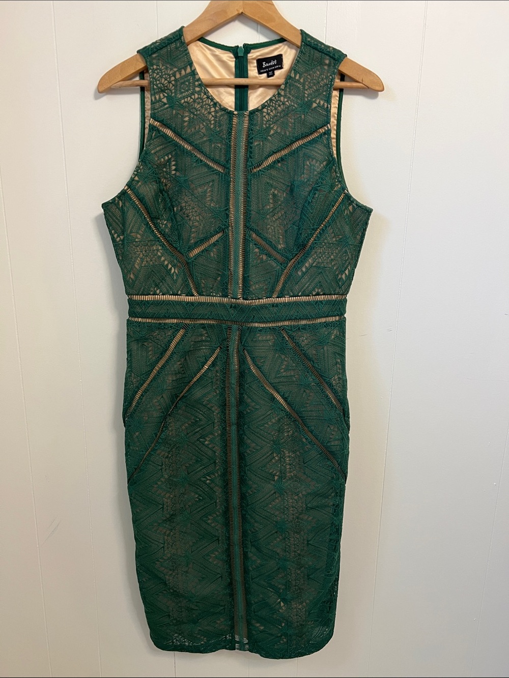 Bardot Eve Dark Green Sheer Crochet Lace Illusion Sleeveless Sheath Midi Dress 8 - Picture 5 of 16